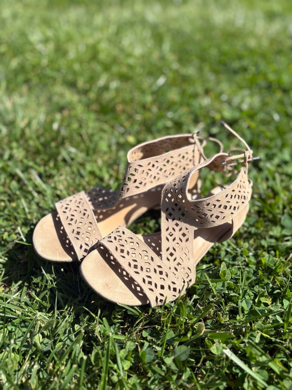 Franco Fortini Beige Suede Laser Cut Block Heel Sandals - Size 8